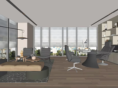 Modern Office Interior Design with Large Windows Comfortable Chairs Sofa Green Plants and Wooden Flooring 3d model