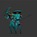 Two Teal Humanoid Creatures With Antennae Holding Swords And Shields In Combat Stance