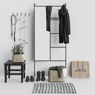 Modern clothes coat rack clothes shoes scarf carpet mirror potted chair 3d model