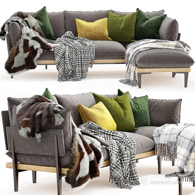 Gray Sofa With Green Yellow Pillows And Plaid Fur Blankets On Wooden Legs 3d model 