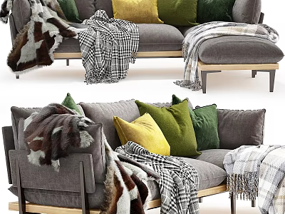 Gray Sofa With Green Yellow Pillows And Plaid Fur Blankets On Wooden Legs 3d model