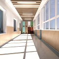Spacious Bright Elevator Corridor With Large Windows Wooden Ceiling And Natural Light