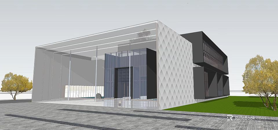 Modern Architectural Exterior Featuring Glass Facade Geometric Wall Entrance Area And Green Lawn 3d model 