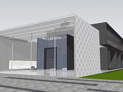 Modern Architectural Exterior Featuring Glass Facade Geometric Wall Entrance Area And Green Lawn 3d model