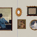 Decorative Wall Artworks With Framed Paintings And Sunburst Mirror Design