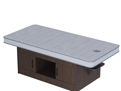 Gray Mattress Massage Bed With Blue Trim Dark Wood Storage Cabinet And Round Hole 3d model