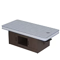 Gray Mattress Massage Bed With Blue Trim Dark Wood Storage Cabinet And Round Hole