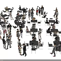 Multiple People In Indoor Space With Tables Chairs Sitting Standing And Interacting