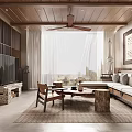 Rustic Living Room Interior With Wooden Ceiling Ceiling Fan Bench Sofa Decorative Painting And Plant