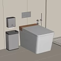 Modern White Toilet with Silver Trash Bin Soap Dispenser Light Walls Glass Shower and Bathroom