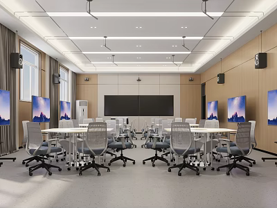 School Modern Classroom Interior Equipped With Tables Chairs And Screens 3d model