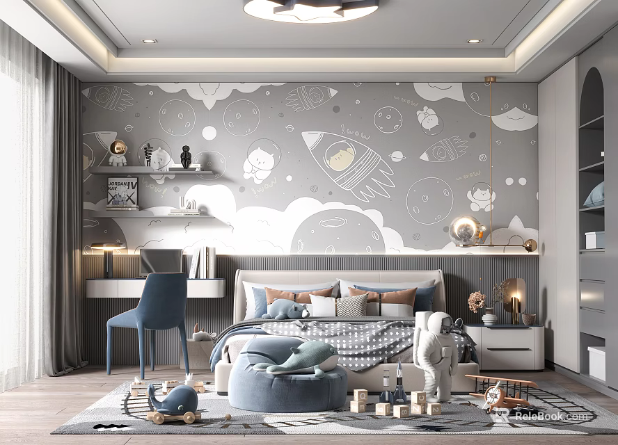 Space Themed Kids Room Interior Design With Rocket Cloud Star Wall Decor And Stuffed Toys 3d model 
