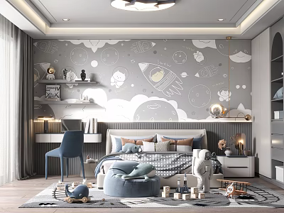 Space Themed Kids Room Interior Design With Rocket Cloud Star Wall Decor And Stuffed Toys 3d model
