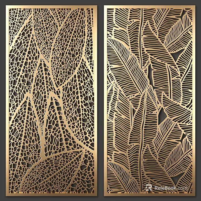 Elegant Modern Gold Metal Room Divider With Laser Cut Leaf Vein Patterns 3d model 