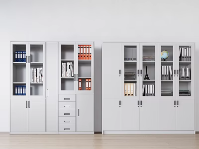 Modern White Bookcase With Glass Doors Storage Drawers Folders Books And Globe 3d model
