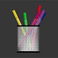 Colorful Writing Pens in Black Mesh Pen Holder for Office Desk
