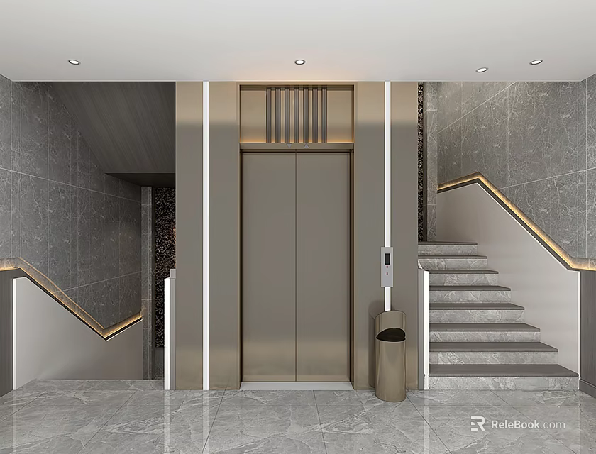 Sleek Modern Elevator Lobby With Marble Floor Metal Doors LED Lighting Staircase Railings And Bin 3d model 