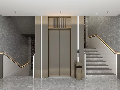 Sleek Modern Elevator Lobby With Marble Floor Metal Doors LED Lighting Staircase Railings And Bin 3d model