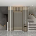 Sleek Modern Elevator Lobby With Marble Floor Metal Doors LED Lighting Staircase Railings And Bin