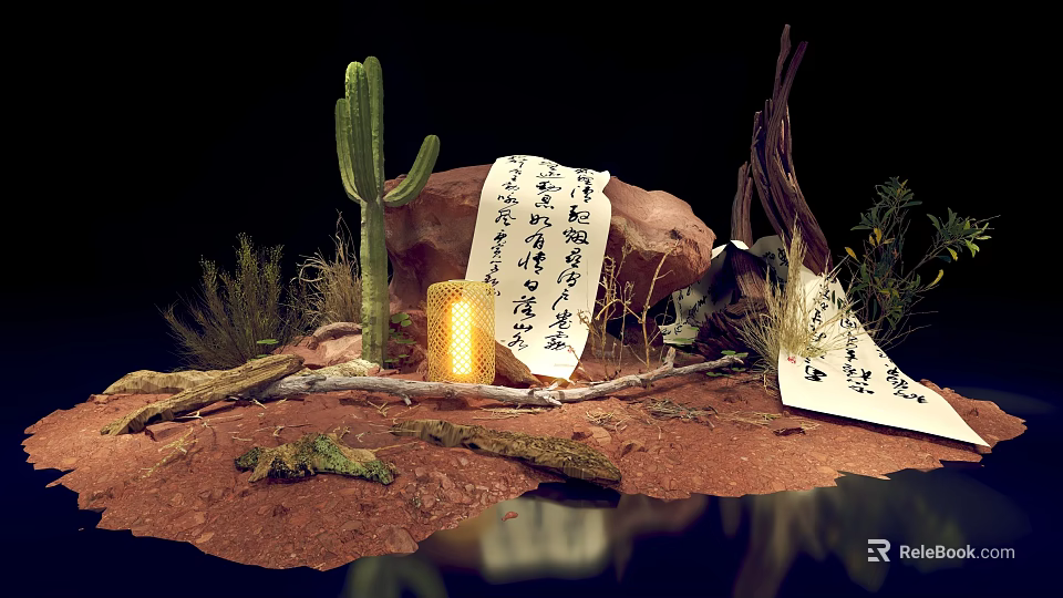 Desert Themed Decorative Setup With Cactus Chinese Calligraphy Scrolls Rock Candle And Dry Branches 3d model 
