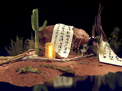 Desert Themed Decorative Setup With Cactus Chinese Calligraphy Scrolls Rock Candle And Dry Branches 3d model