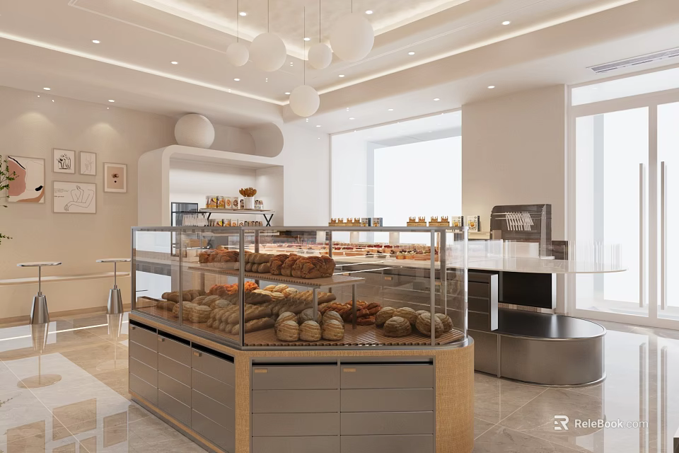 Bright Modern Dessert Shop Interior With Glass Display Cases Fresh Bread Pastries And Pendant Lights 3d model 