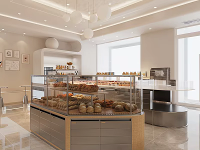 Bright Modern Dessert Shop Interior With Glass Display Cases Fresh Bread Pastries And Pendant Lights 3d model