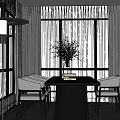 Elegant Luxury Restaurant Interior With Glass Dining Table Gray Chairs Green Vase And Curtains