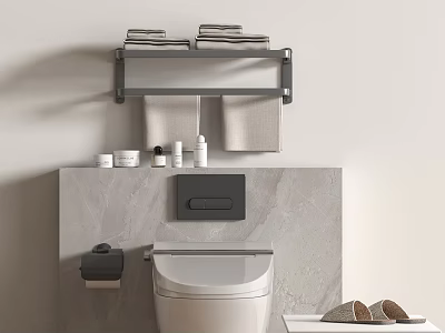Modern Bathroom Shelf with Towel Rack Above Toilet Marble Countertop and Toiletries 3d model