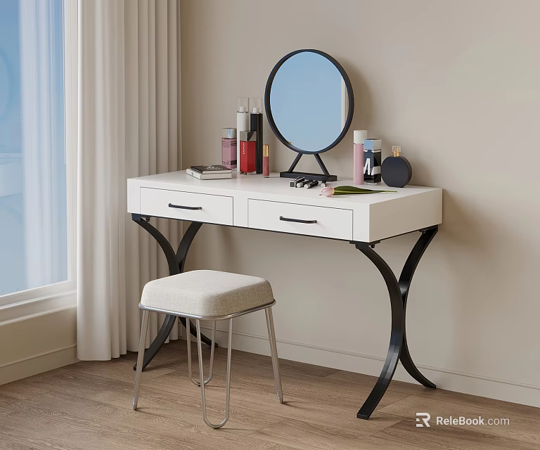 White Dressing Table With Black Legs Round Mirror Cosmetics And Stool 3d model