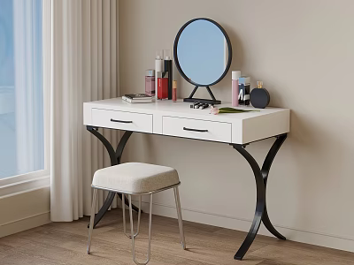 White Dressing Table With Black Legs Round Mirror Cosmetics And Stool 3d model