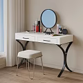 White Dressing Table With Black Legs Round Mirror Cosmetics And Stool 3d model