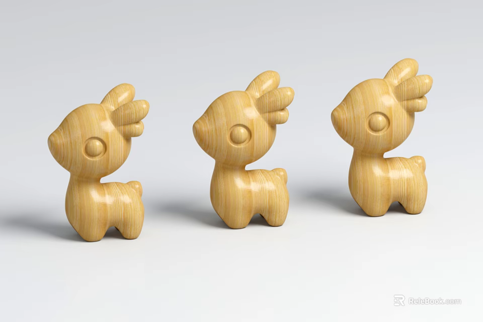 Cute Light Colored Wooden Deer Figurine Set With Three Decorative Ornaments 3d model 