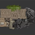 Rustic Scene Construction With Stone Walls Wooden Crate Green Plants Tires And Debris