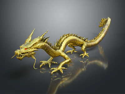 Golden Dragon Sculpture With Intricate Scales And Detailed Claws On Reflective Surface 3d model