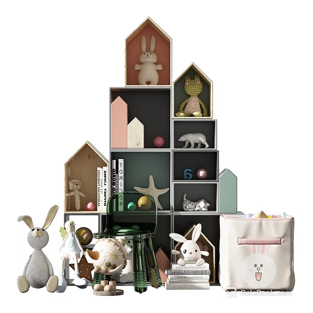 Cute Stuffed Rabbit Dolls Displayed On House Shaped Shelves With Books Starfish And Decorative Balls 3d model 