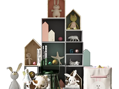 Cute Stuffed Rabbit Dolls Displayed On House Shaped Shelves With Books Starfish And Decorative Balls 3d model
