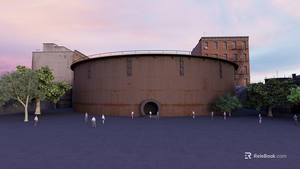 Rusted Circular Building With Surrounding Old Buildings Square People And Trees 3d model 