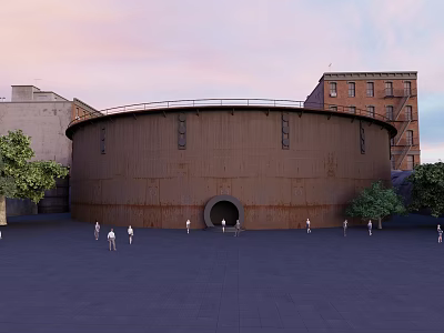 Rusted Circular Building With Surrounding Old Buildings Square People And Trees 3d model