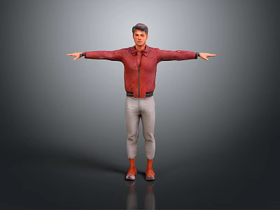 Man Standing With Arms Outstretched Wearing Red Shirt Gray Pants And Orange Boots 3d model