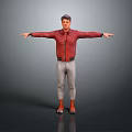 Man Standing With Arms Outstretched Wearing Red Shirt Gray Pants And Orange Boots