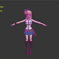 3D Anime Character Model With Blonde Hair Blue Bow Arms Outstretched Blue Skirt Brown Boots