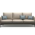 Modern Minimalist Three Seater Sofa With Light Beige Upholstery Blue Cushions And Black Legs