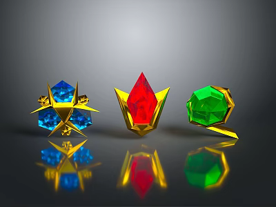 Wood Stone Crafted Colorful Gemstone Ornaments With Golden Base And Reflections 3d model