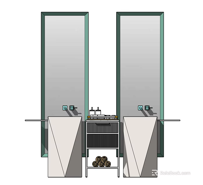 Modern Double Washbasin Design With Central Cabinet And Chrome Faucets 3d model 