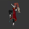 Woman With Red Hair In Red Traditional Outfit Dancing Pose Against Gray Background