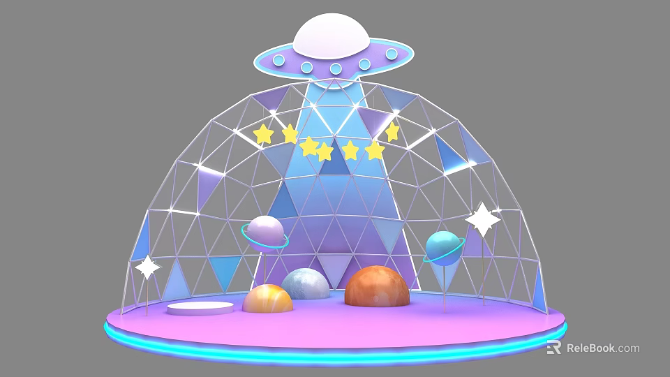 Colorful Photo Spot With Transparent Dome Purple Blue Stars Planet Models And Pink Platform 3d model 