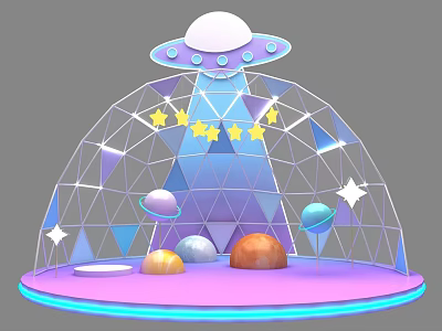 Colorful Photo Spot With Transparent Dome Purple Blue Stars Planet Models And Pink Platform 3d model