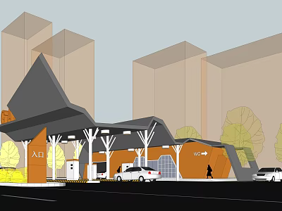 Modern Entrance Area With Vehicles Canopy Structure Buildings And Trees 3d model