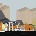 Modern Entrance Area With Vehicles Canopy Structure Buildings And Trees